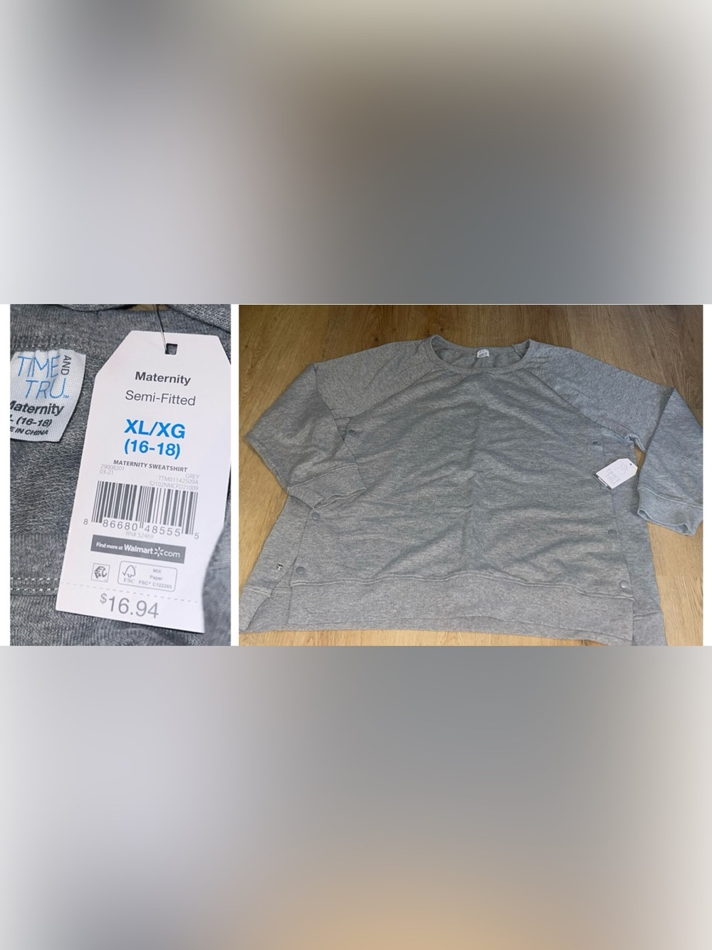 NWT Time and Tru Gray Maternity Pullover Sweatshirt